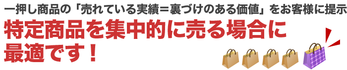 一押し商品の「売れている実績＝裏づけのある価値」をお客様に提示。特定商品を集中的に売る場合に最適です！